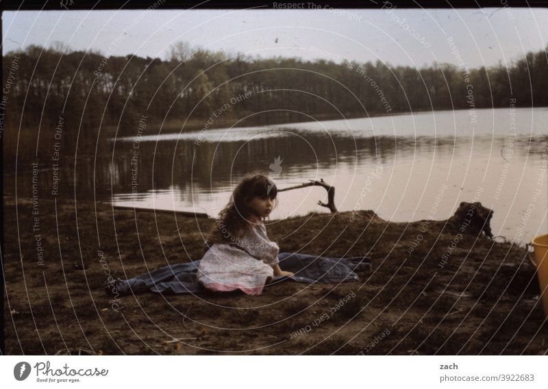 At the lake Girl Child Infancy Nature Scan Slide Analog Retro Forest Happy Lake Pond bank Sit Picnic Break take a break Resting place