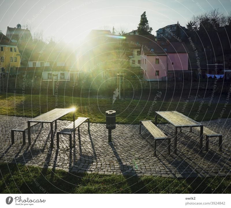 Place in the sun Bench Colour photo Exterior shot Subdued colour Copy Space top Twilight Sunlight Relaxation Sky Landscape Sunset Back-light Beautiful weather