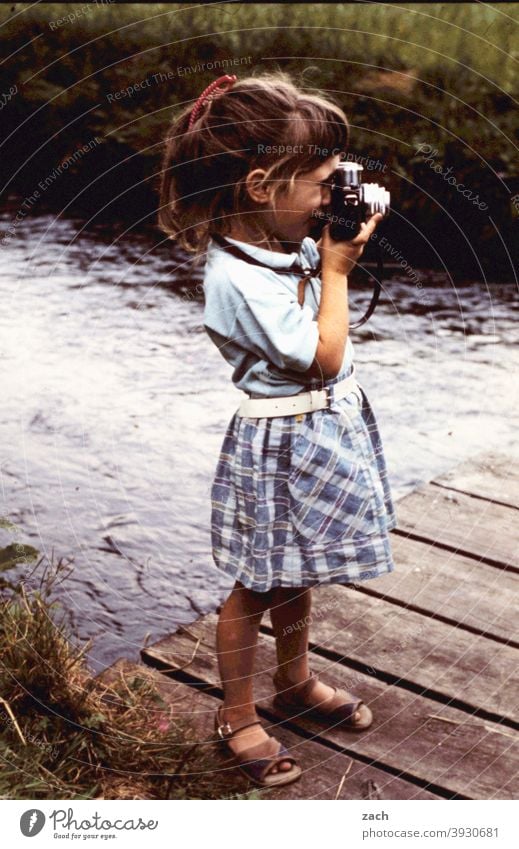 Up-and-coming artist Girl Child Infancy Nature Scan Slide Analog Photography Camera Take a photo Photographer photographer camera Leisure and hobbies Retro