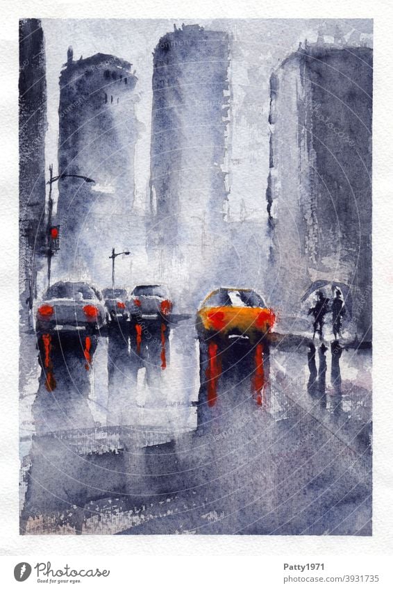 Watercolor painting. Street scene in the rain Watercolors Town Rain Wet Street Scene cars High-rise Reflection Transport melancholy Gray persons Umbrella