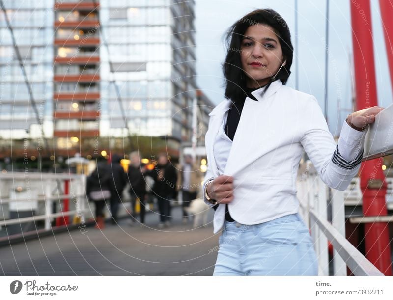 Elis Portrai High-rise Bridge chill Bridge railing urban Jacket jeans Dark-haired Long-haired Facade Skeptical Looking stop earring