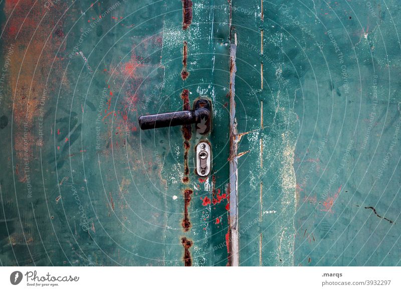 Door turquoise Metal door Turquoise Close-up Old Door handle Colour Varnish Flake off Door lock Closed Entrance Abrasion