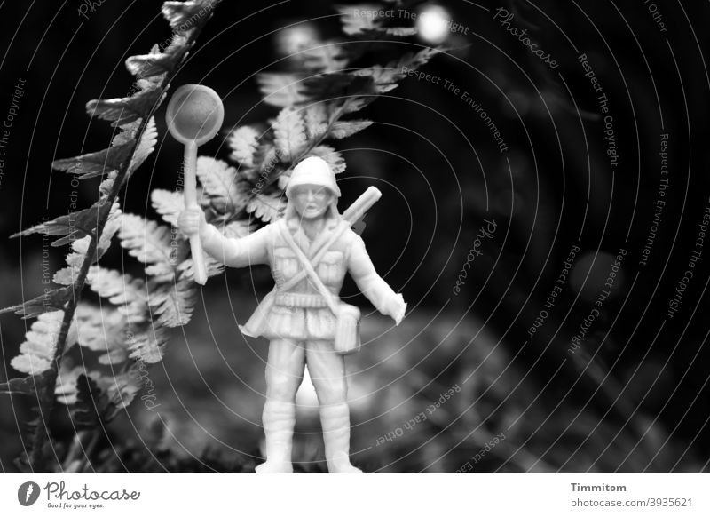 The Seeker is still searching Searching Hunter Toys Plastic Fern Garden Butterfly net Exterior shot Black & white photo