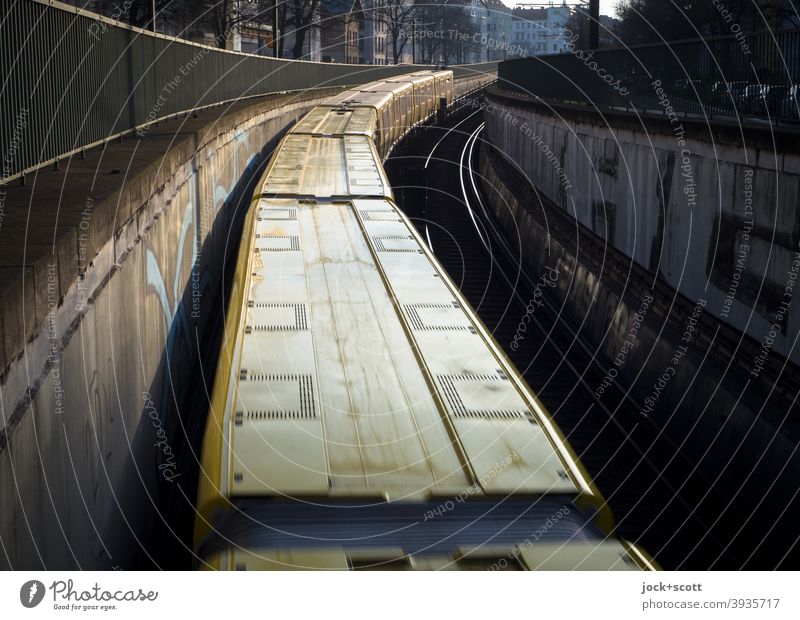 On retracted tracks into the underground Mobility Underground Rail transport Speed Driving Public transit Means of transport motion blur Traffic infrastructure