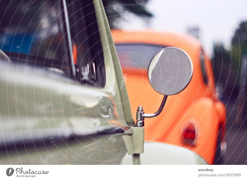 circle mirror horizontal transportation outdoors day color image reflection vintage car close-up side-view mirror old-fashioned retro style mode of transport