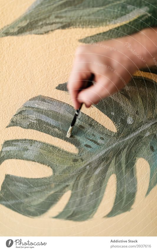 Male artist painting on wall at home painter leaf man interior apartment decorate monstera male green creative style contemporary modern flat plant design