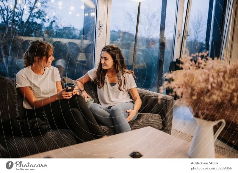 Content women talking to each other on sofa at home friend relax conversation weekend cheerful chill friendship female smile happy speak rest glad optimist