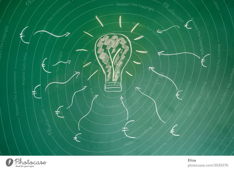 Many euro signs point to a light bulb. Concept crowdfunding - a good idea is funded by many people. Idea financing Financial backer finance start-up