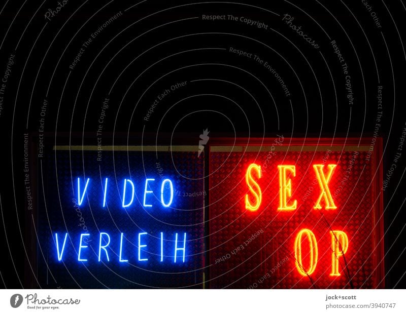 VIDEO RENTAL SEX (SH)OP Sex-shop Capital letter Typography Illuminate Broken Red Design Shop window Isolated Image Night Low-key Silhouette Signs and labeling