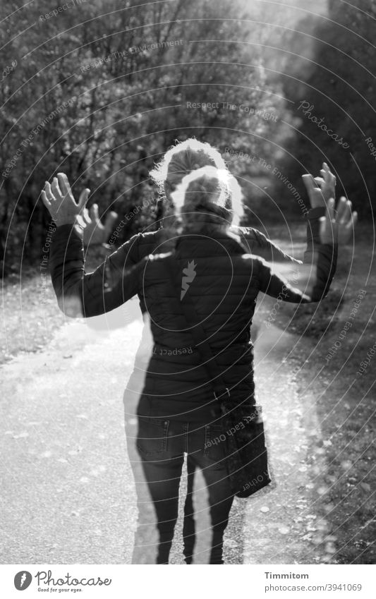 But think about Lent? Woman hands Gesture Double exposure Going Lanes & trails Dramatic Human being Feminine Black & white photo