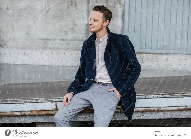 young man, business, outdoor, sitting masculine more adult Upper body arms folded Young man Man Friendliness Smiling Business Businessman fortunate Happiness