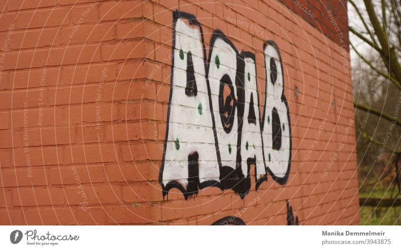 A.C.A.B. acab Police Force Colour photo Signs and labeling Exterior shot Wall (barrier) Graffiti Building lettering Facade Wall (building) Characters