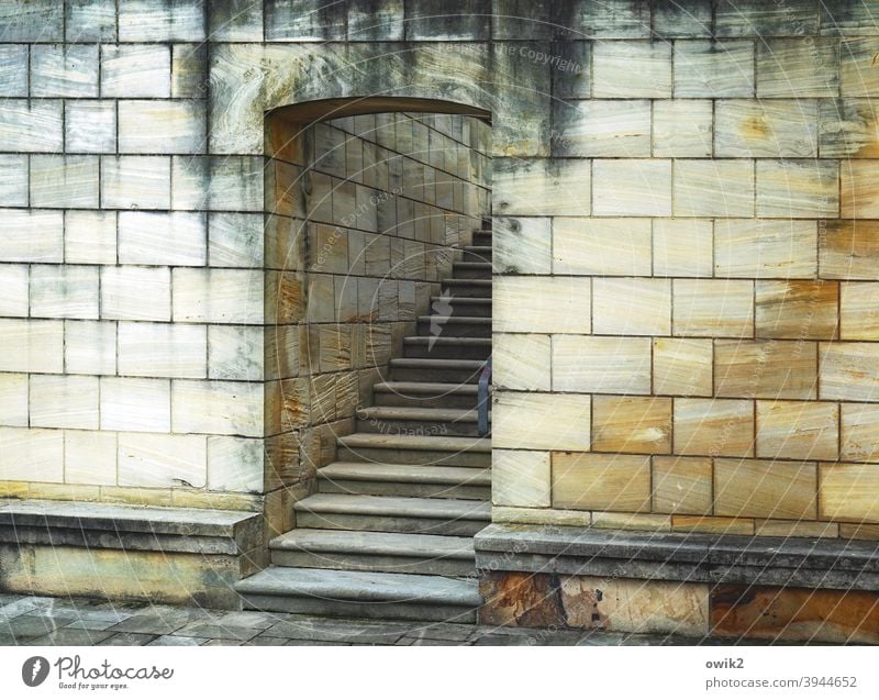 Catchy staircase Entrance door Stairs Wall (barrier) stones Long shot Cornice Wall (building) Colour photo Deserted Exterior shot Architecture Old Stone