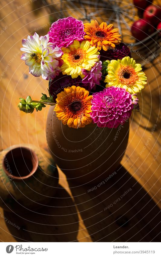 Autumn flowers on table Table Bouquet Summer late summer Garden Decoration Wooden table top Flower Vase Autumnal autumn mood Early fall