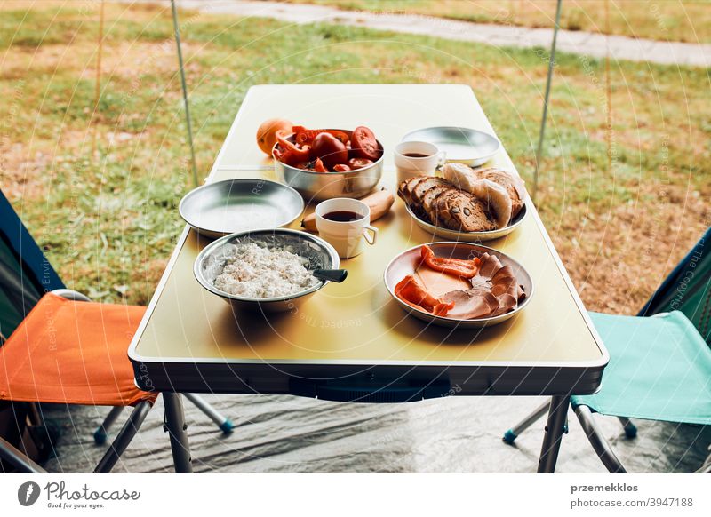 Breakfast prepared during summer vacation on camping authentic real banana cooked meat slow living outdoor table setting outdoor activities outdoor equipment