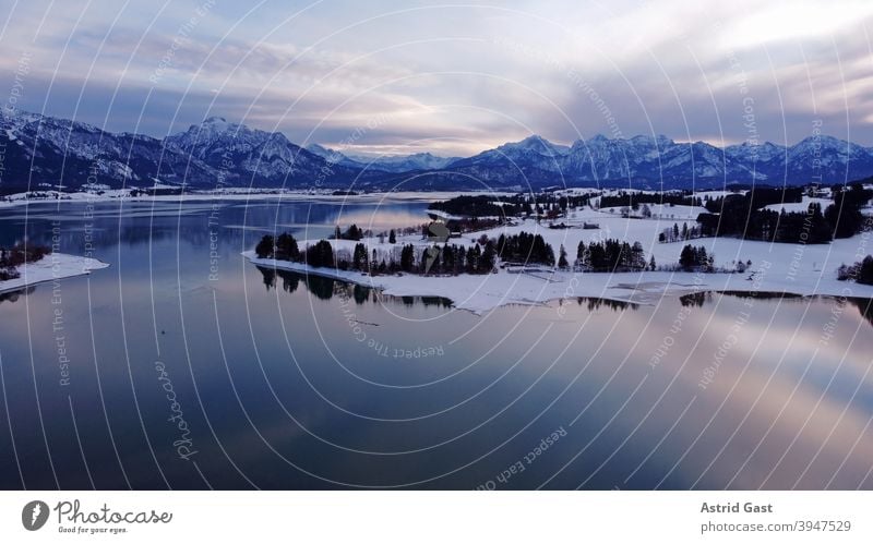 Aerial photo with a drone of the Forggensee in the Allgäu in winter in the blue hour Aerial photograph drone photo Lake Forggensee Body of water Bavaria