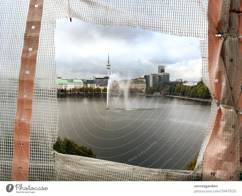 Falling out of the frame. Hamburg Vantage point fountain Alster Lake Town Skyline Television tower Clouds Construction site Peephole Panorama (View)