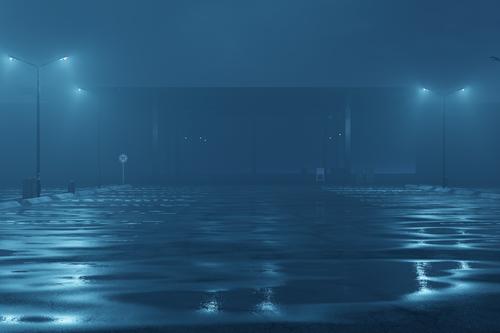 Abandoned illuminated parking lot in the night fog with many puddles of water clearer Cold Alarming Glow Mysterious Square Perspective location Car Illuminated