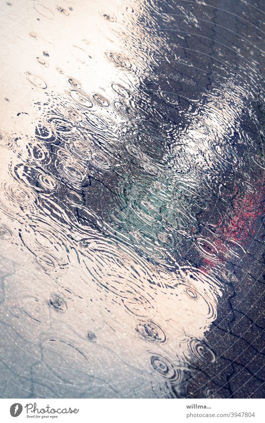 Rain Symphony Rainy weather Puddle Rings circles Wet Water Autumn Reflection Bad weather Weather Street reflection Drops of water Dreamily Aesthetics off