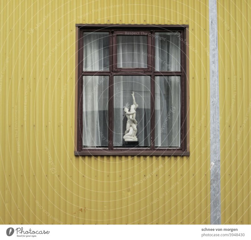 yellow is addictive Yellow House (Residential Structure) Iceland Window Corrugated sheet iron Vantage point Curtain Lantern Street Town Flat (apartment) dwell