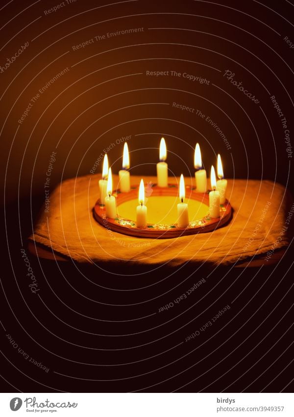 Candle wreath in a dark room. Burning candles in a circle , candlelight , Candlelight Candle Circle Fire Candle flame Light Moody Round Illuminate Warmth Hope