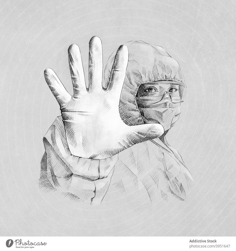 Anonymous physician showing stop gesture during COVID 19 person coronavirus doctor pandemic protect concept social distancing contagious illustration safety