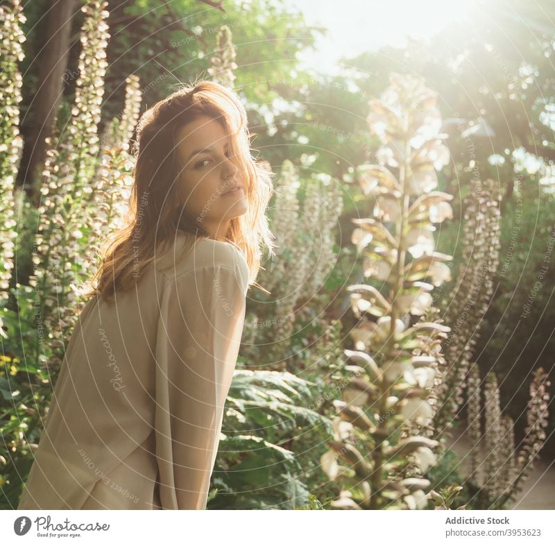 Carefree woman in park in summer carefree nature tranquil tender sunny garden calm female peaceful rest daytime green relax young serene harmony stand enjoy