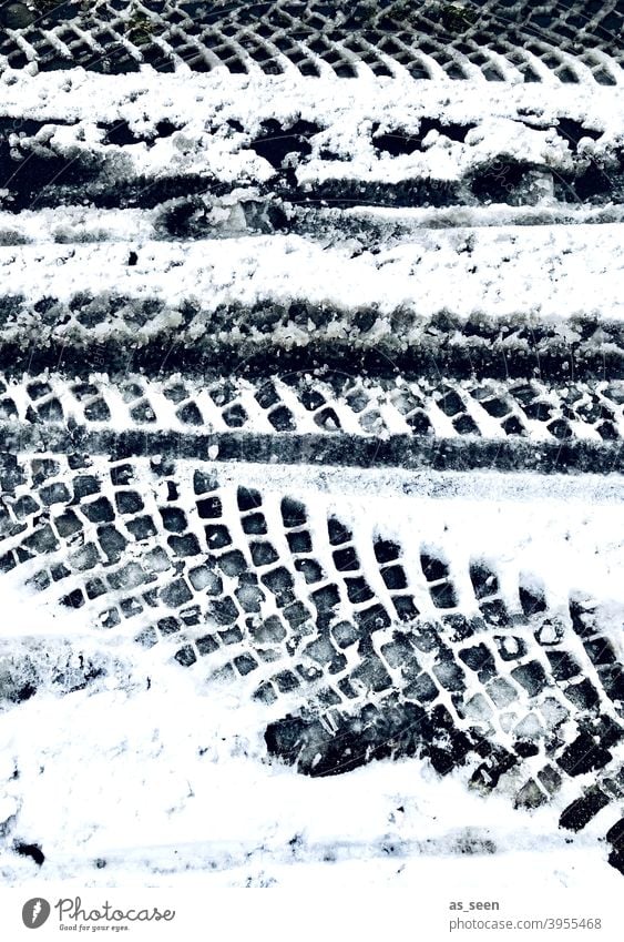 tire tracks in the snow Snow Tracks tyre track Winter Cold White Exterior shot Deserted Ice Frost Day Snow track Contrast Black & white photo Snow layer
