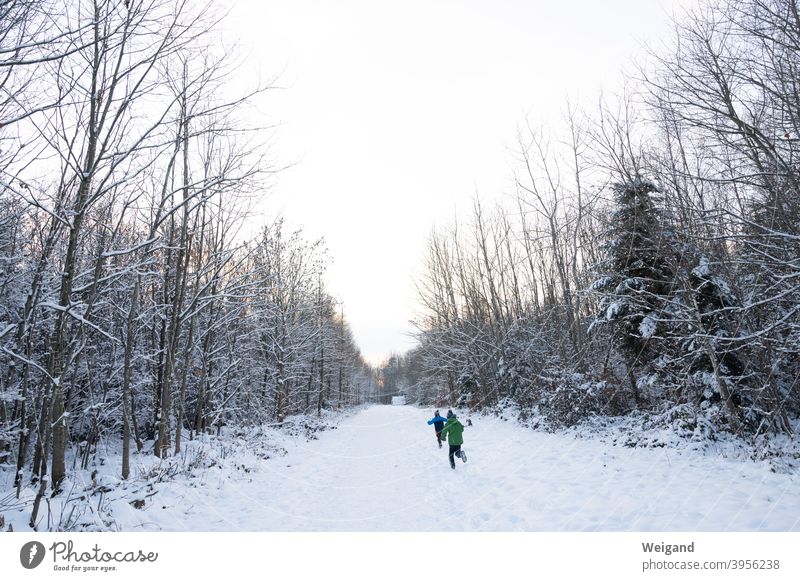 Children in the winter forest Snow Forest Winter Winter vacation Hiking Cold Romp Joy Exterior shot Frost White Ice Vacation & Travel Running Lanes & trails