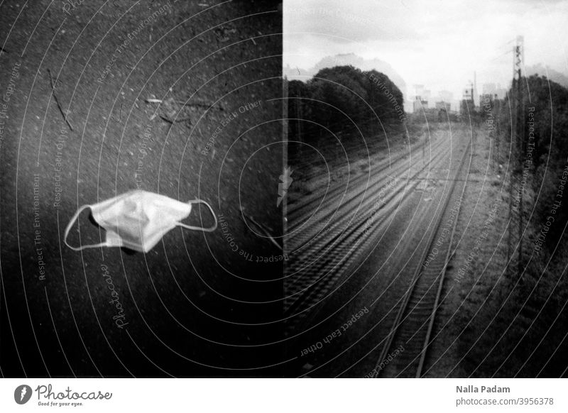 Cityscape Duet 2 Analog Analogue photo black-and-white Mask Nose to mouth coverage op-mask Ground Railroad tracks trees Bochum The Ruhr pandemic corona
