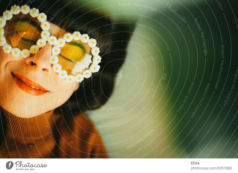 Smiling woman with flower sunglasses smilingly Woman sunny Optimism Good mood relaxed Summery Positive Joy Closed eyes warm Yellow Happiness Happy Young woman