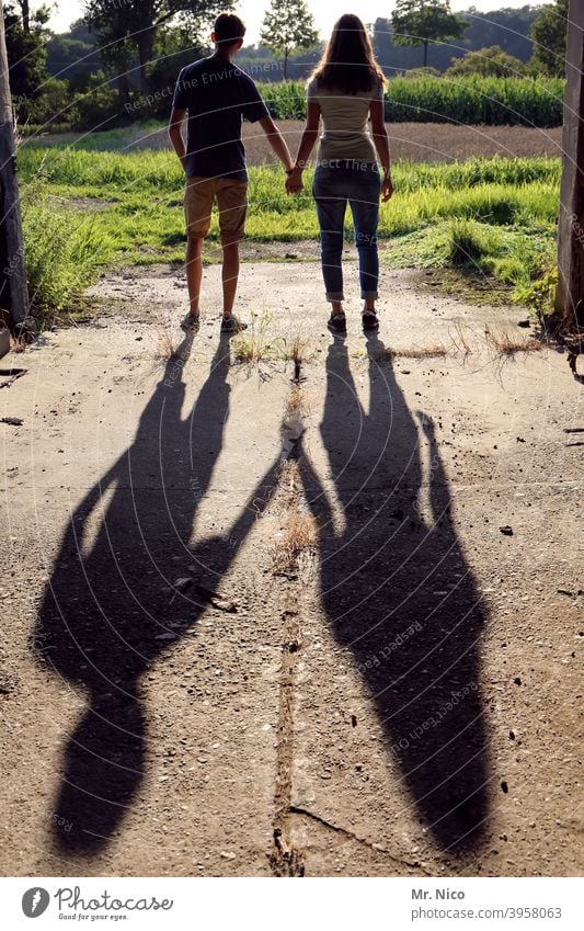 couple in love looks out into the landscape Silhouette Love Love affair Couple Together Infatuation Lovers Shadow Harmonious Affection Happy Related hold hands