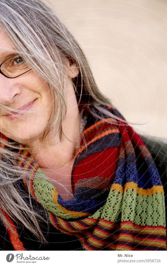 half portrait with scarf Accessory Scarf Face Feminine Woman Hair and hairstyles Gray-haired Eyeglasses wisp Skin Fashion naturally Serene Expression