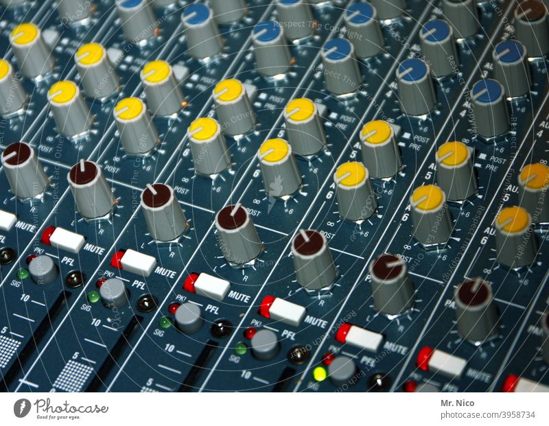 mixer Controller Disc jockey Mixing desk Loud Yellow Tone Music Push Sound Recording studio Hi-fi Volume amp Sound engineering sound recording Event technology