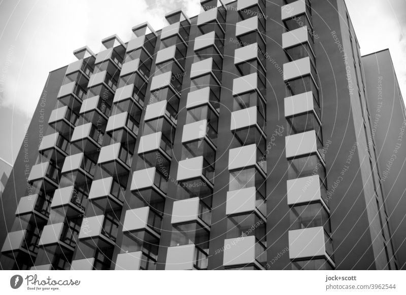 New housing unit / square, practical, happy New building Balcony Facade Cuboid Many Architecture Berlin Lichtenberg Tower block Modern uniform