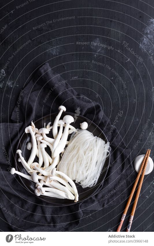 Ingredients for Ramen on table ramen ingredient noodle dish fresh mushroom oriental food cuisine meal cook tradition healthy delicious recipe chopstick organic