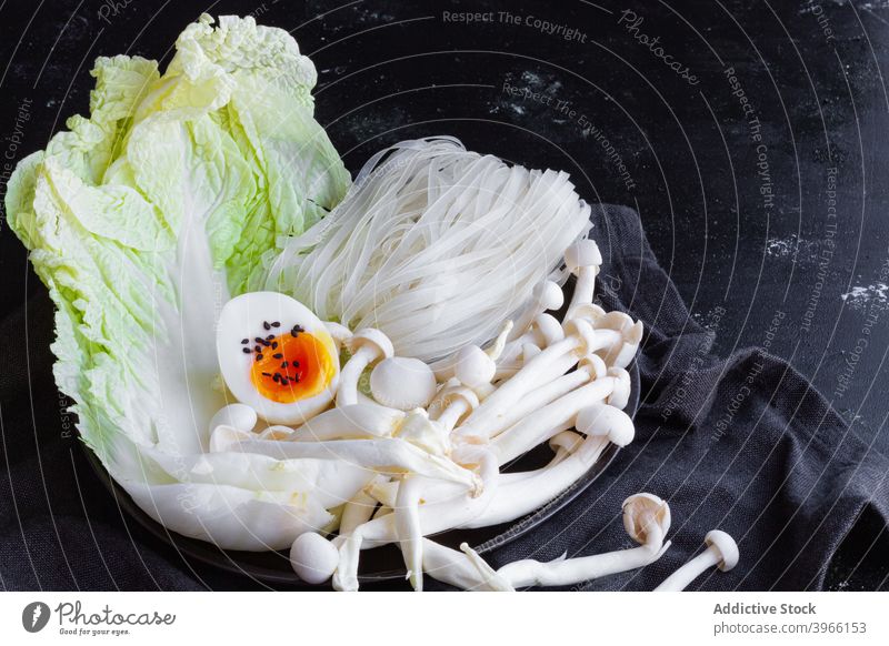 Ingredients for Ramen on table ramen ingredient noodle dish fresh mushroom oriental chinese cabbage food cuisine meal cook boiled egg tradition healthy
