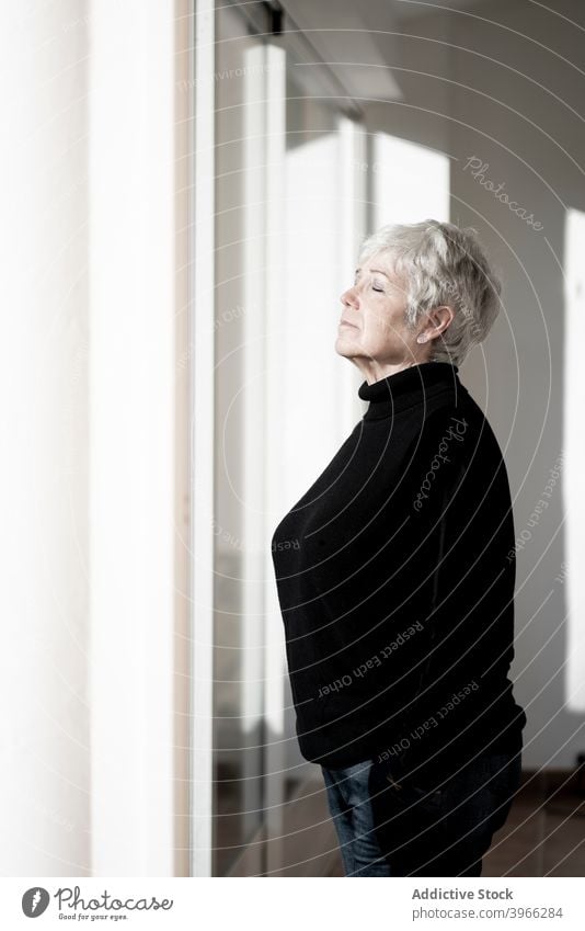 Relaxed senior woman at home by the window caucasian elderly european lifestyle portrait people relaxing retired serene white hair mother grandmother