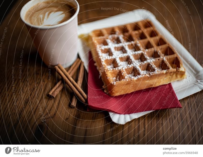 Belgian waffles and cappuccino take away Waffle Desserts biscuits to go coffee flat white Cappuccino Latte macchiato barista Wooden table Cinnamon
