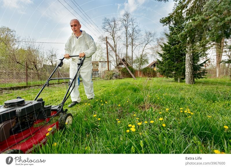 Farmer in protective clothing is mowing a lawn in a garden with a petrol lawn mower Backyard Bloom Botanic Botanical Care Clipper Cultivate Cut Cutter Early