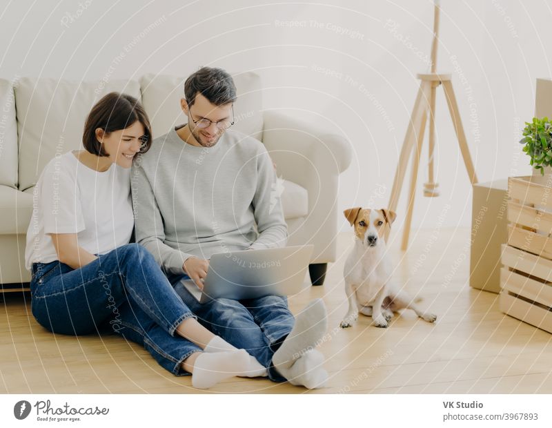 Indoor shot of lovely couple move in new dwelling, use modern laptop for searching design ideas for their flat, sits on floor near sofa, pedigree dog poses near cardboard boxes. Moving Day concept