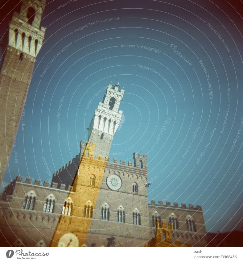 Sienna, shaken Siena Italy Tuscany Analog Slide Lomography Scan Holga Double exposure Sky Town Tower Places piazza del campo