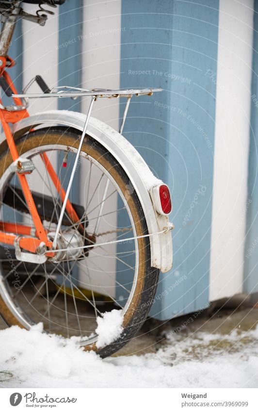 Bicycle with snow Snow Folding bicycle vintage Retro Winter Light Orange Blue Mobility Transport Parking tranquillity