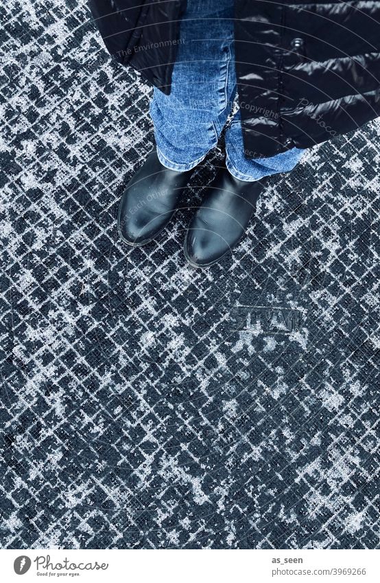 Standing around in the winter Snow snow residue Pattern graphic graphically Structures and forms squares small box Black White off Ground Paving tiles
