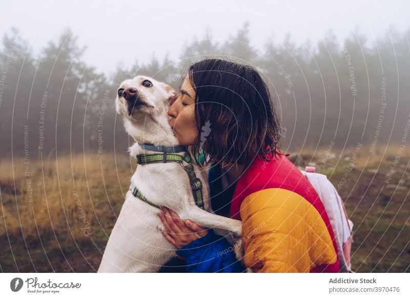 Woman kissing dog in nature woman owner love friendship animal together tender female adorable white stroll pet pedigree obedient canine companion domestic