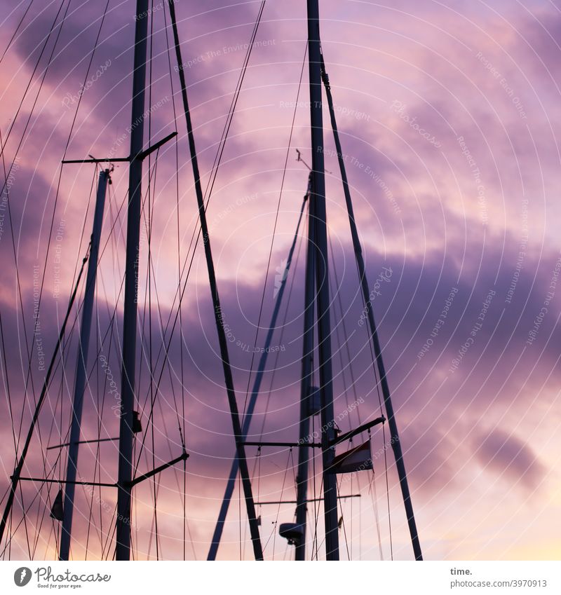 Rope teams #34 Sailboat Sky Dramatic art Clouds mast ropes Evening Twilight Harbour pennant Linen