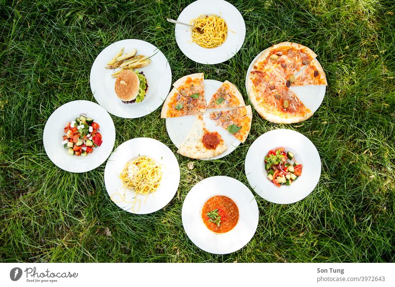 White plates of foods on grass in summer weather woman enjoy salad healthy party camping group burger pizza soup noodles drink white