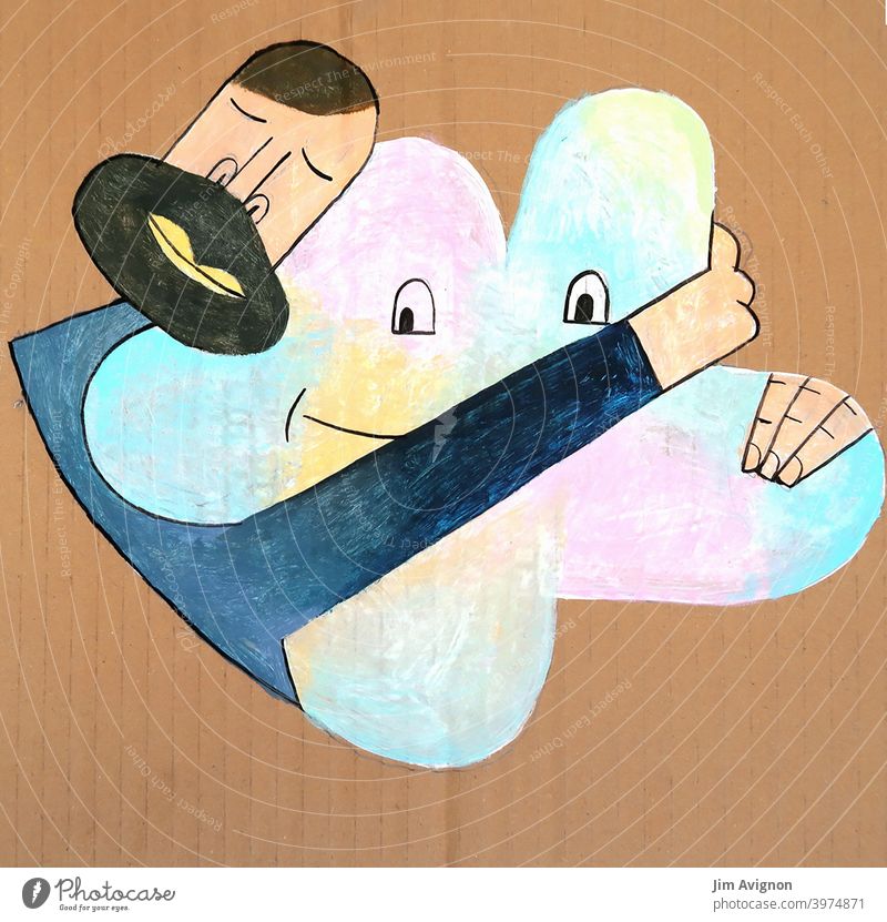 Bearded man hugs rainbow colored cloud Affection Man Facial hair illustration Prismatic colors