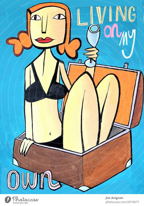 Woman in a Suitcase – Living on my own Frau rothaarig Bikini Koffer sitzen Drink trinken Wein selbstbestimmt selbstbewußt illustration Red-haired bikinis Sit