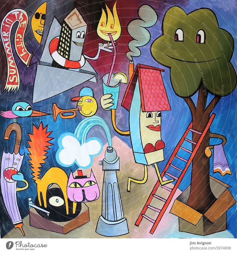 Summer in the city Crazy Fire hydrant Tree ardor illustration Art leisure Turntable dj